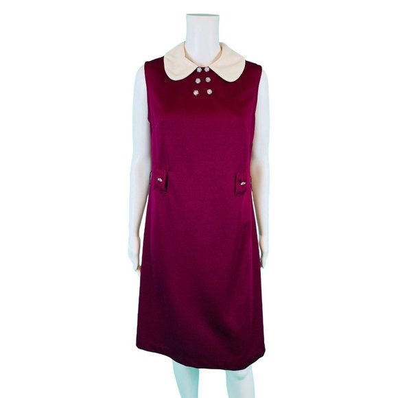 Vintage 1960s Mod Dress Maroon Peter Pan Collar | B 37" - Picture 1 of 10